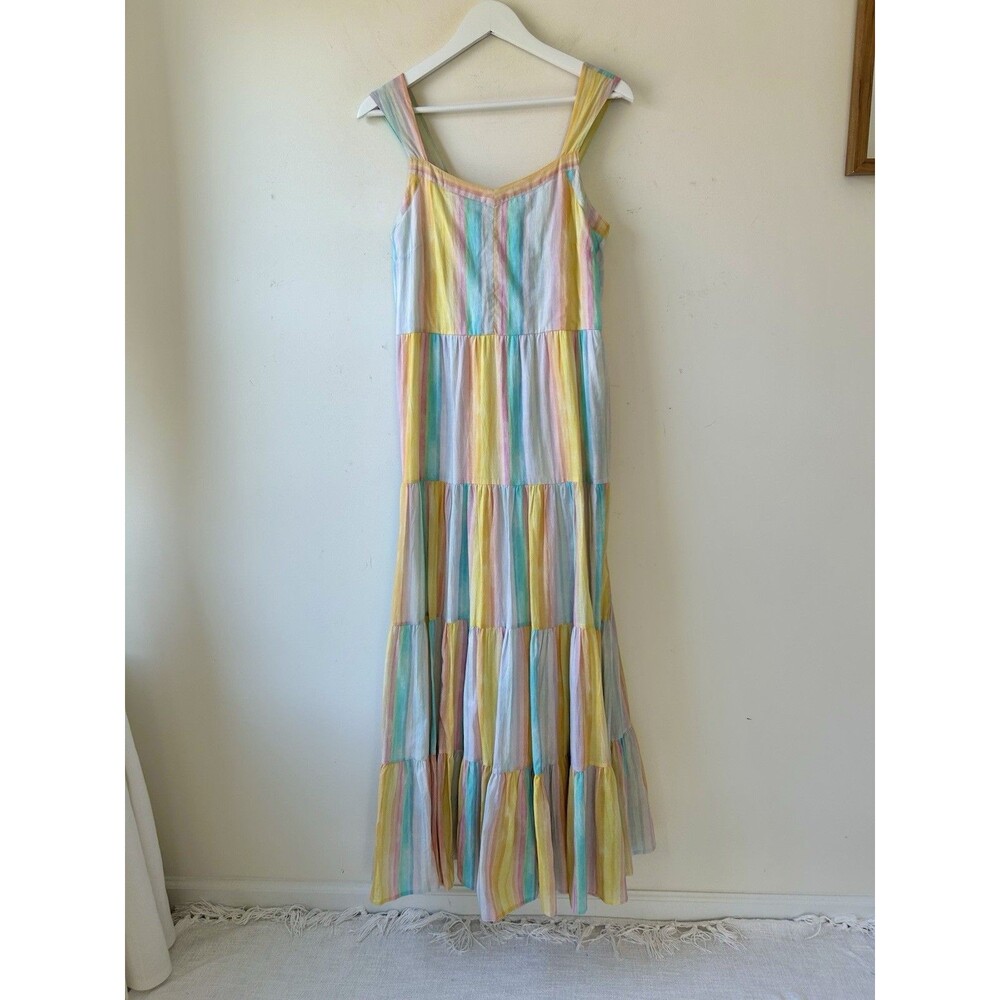Beau & Ro Women's Rainbow Striped Maxi Dress Size M Cotton Tiered Boho Colorful